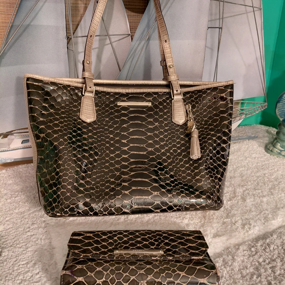 Brahmin Black and Gold Croc-Embossed Tote with Tassel - Picture 1 of 16